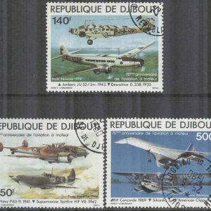 Djibouti – M  248-250 Flyget 75 år – Flygplan bla Spitfire HF VII, 3 kpl stpl