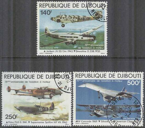 Djibouti - M  248-250 Flyget 75 år - Flygplan bla Spitfire HF VII, 3 kpl stpl