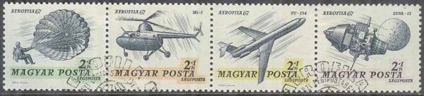 Ungern - M 2351-2354 A Luftpostutställning I bla Fallskärm & Raket, 4-strip kpl stpl