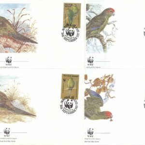 Norfolk Island – FDC 1987-09-16 – Fåglar – Rödpannad parakit – Naturskydd – WWF, 4 kpl