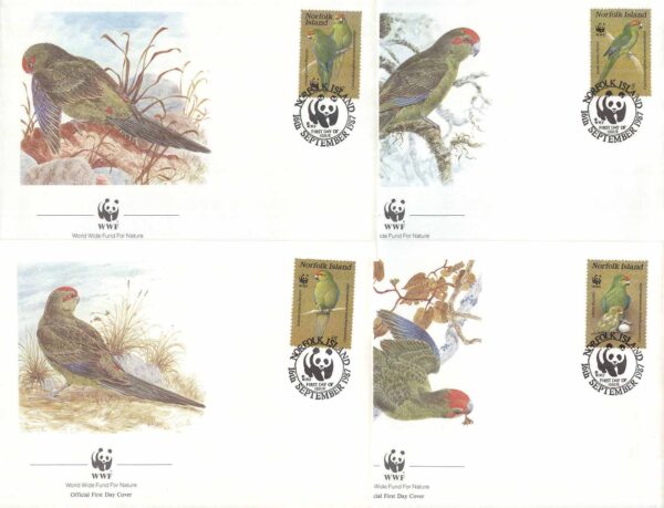 Norfolk Island - FDC 1987-09-16 - Fåglar - Rödpannad parakit - Naturskydd - WWF, 4 kpl