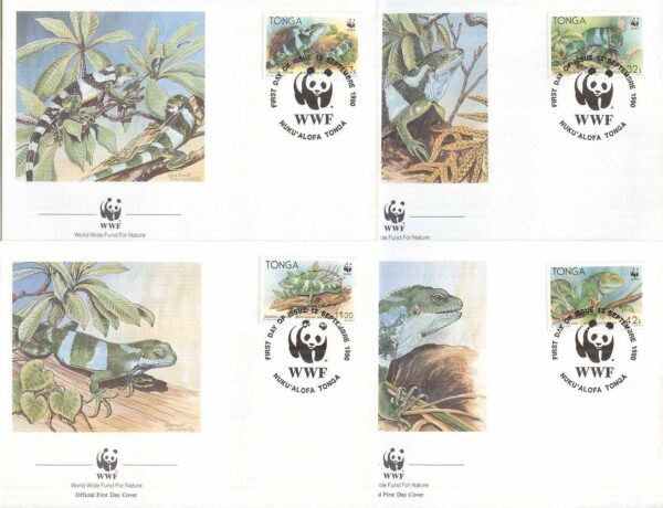 Tonga - FDC 1990-09-12 - Kräldjur - Leguan - Naturskydd - WWF, 4 kpl