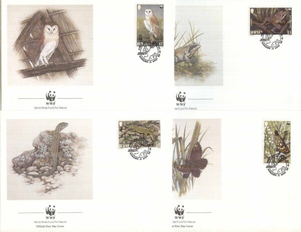 Jersey - FDC 1989-04-25 - Fjäril - Fågel - Kräldjur - Naturskydd - WWF, 4 kpl