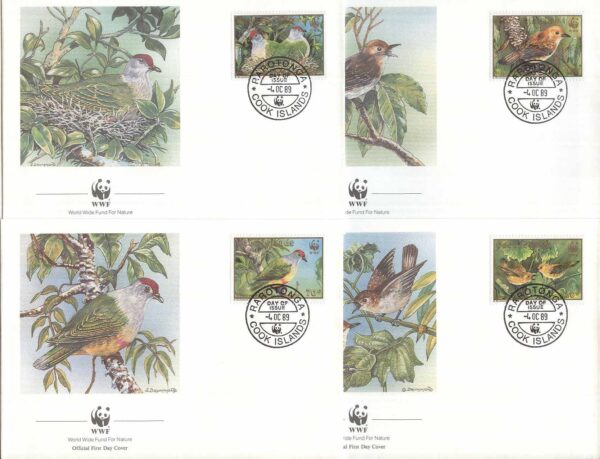 Cook Islands - FDC 1989-10-04 - Fåglar bla Rarotongamonark - Naturskydd - WWF, 4 kpl