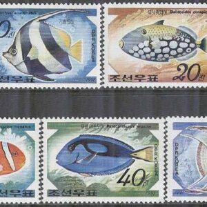 Nordkorea – M 3235-3239 Fiskar bla Palettkirurg – Utställ PHILANIPPON 91, 5 kpl **