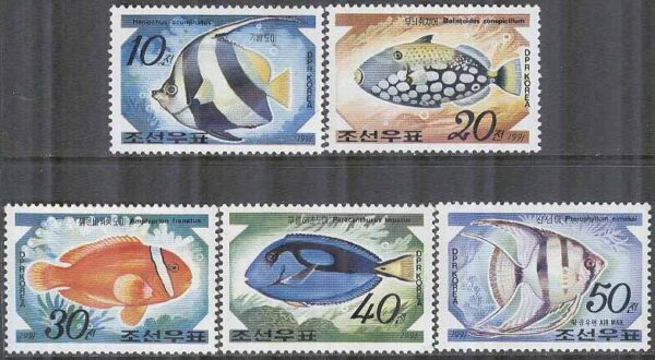Nordkorea - M 3235-3239 Fiskar bla Palettkirurg - Utställ PHILANIPPON 91, 5 kpl **
