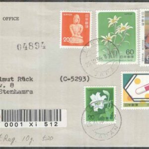 Japan – Brev 1986-06-25 – Blandade motiv bla Dräkter – Fåglar, 7 märken REK+Par Avion