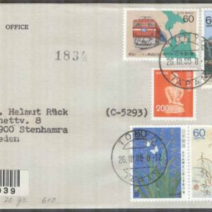 Japan – Brev 1988-03-26 – Blandade motiv bla Byggnader & Järnväg, 7 märken REK+Par Avion