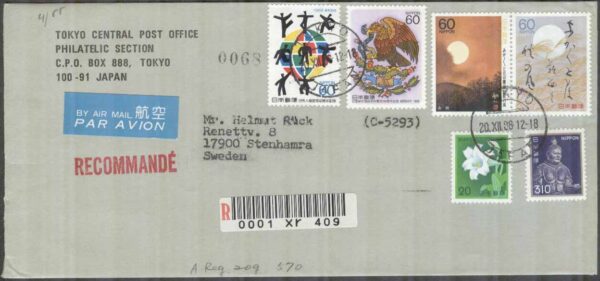Japan - Brev 1988-12-20 - Blandade motiv bla Blommor & Konst, 6 märken REK+Par Avion