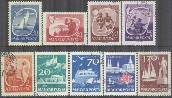 Ungern - M 1609-1617 A Balatonsjön bl.a. Båtar & Byggnader, 9 kpl stpl