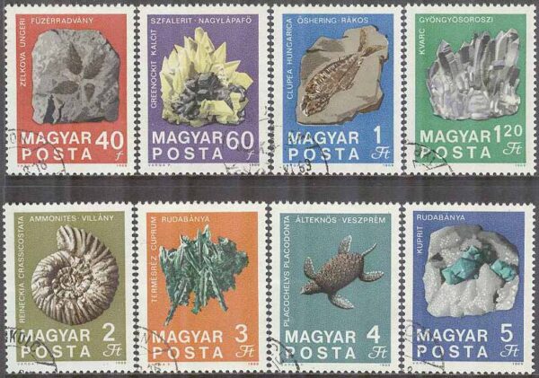 Ungern - M 2520-2527 Geologiska institutet 100 år - Mineraler bla Kuprit, 8 kpl stpl