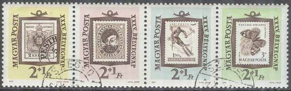 Ungern - M 1868-1871 A Frimärkets Dag 1962 Frimärke på Frimärke, 4-strip kpl stpl