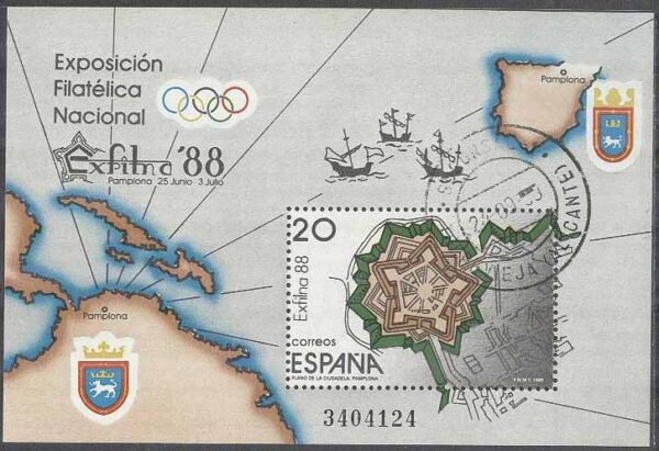 Spanien - M BL  32 Byggnad - Karta - Båtar - Utställning EXFILNA 88, Block stpl