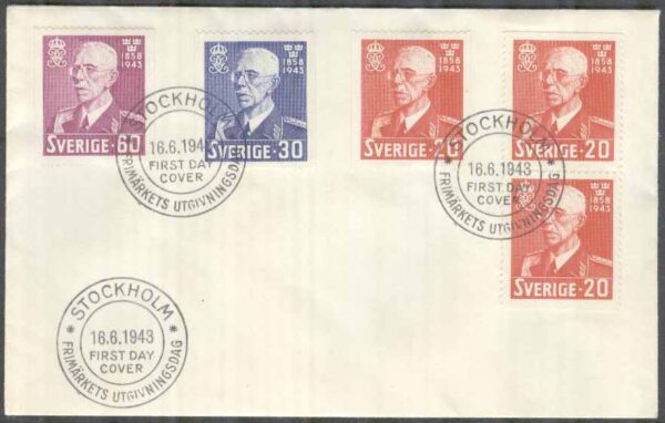 Sverige - FDC 1943-06-16 - Gustaf V 85 år, 5 kpl