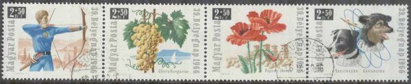 Ungern - M 2271-2274 A Frimärkets Dag 1966 bla Hundar, 4-strip kpl stpl