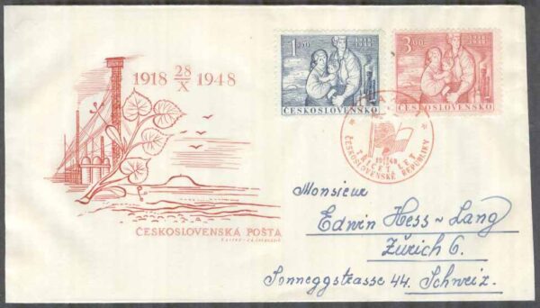 Tjeckoslovakien - FDC 1948-10-28 - Republiken 30 år, 2 kpl Vinjett