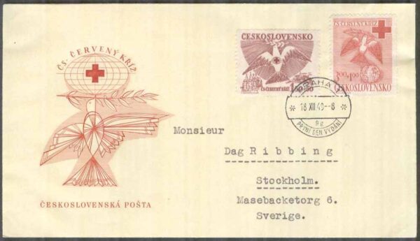 Tjeckoslovakien - FDC 1949-12-18 - Röda Korset 1949 - Fåglar, 2 kpl Vinjett