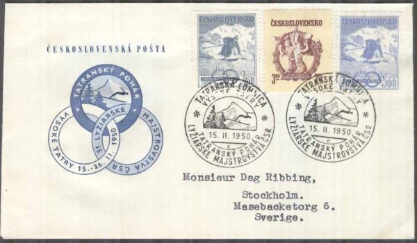 Tjeckoslovakien - FDC 1950-02-15 - Skidtävlingar om Tatrapokalen, 3 kpl Vinjett