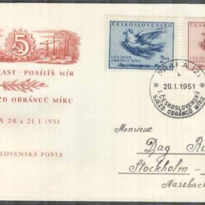 Tjeckoslovakien – FDC 1951-01-20 – Frihetskongress – Fredsduvor, 2 kpl Vinjett