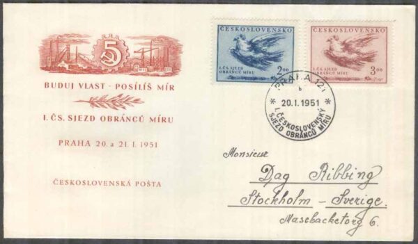 Tjeckoslovakien - FDC 1951-01-20 - Frihetskongress - Fredsduvor, 2 kpl Vinjett