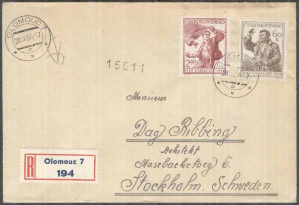 Tjeckoslovakien - Brev 1954-07-28 - Partikongress 1954, 2 kpl REK+Adressat