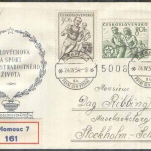 Tjeckoslovakien – FDC 1954-04-24 – Sport bla Löpning, 3 kpl Vinjett REK+Adressat
