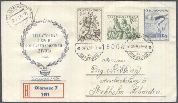 Tjeckoslovakien - FDC 1954-04-24 - Sport bla Löpning, 3 kpl Vinjett REK+Adressat