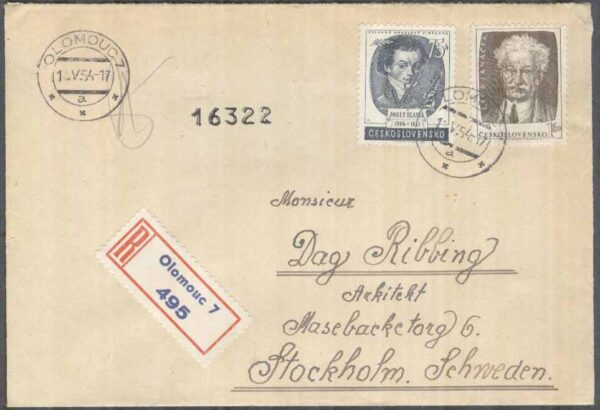 Tjeckoslovakien - Brev 1954-05-13 - Musikfest i Prag, 2 kpl REK+Adressat