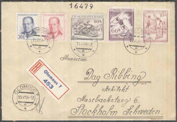 Tjeckoslovakien - Brev 1954-05-10 - President & Sport, 5 kpl REK+Adressat Censurremsa