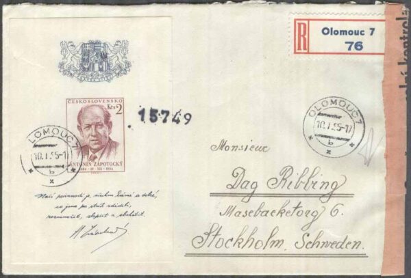 Tjeckoslovakien - Brev 1955-01-10 - President, Block REK+Adressat Censurremsa