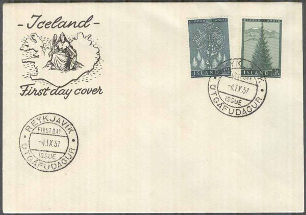 Island - FDC 1957-09-04 - Skogsvårdsprpaganda - Träd, 2 kpl Vinjett ej i katalog