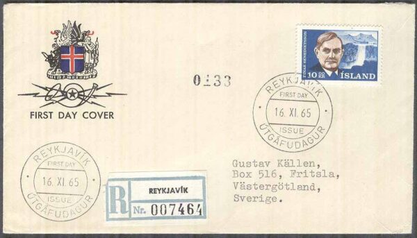 Island - FDC 1965-11-16 - Einar Benediktsson - Diktare, 1 kpl Vinjett 1 REK+Adressat