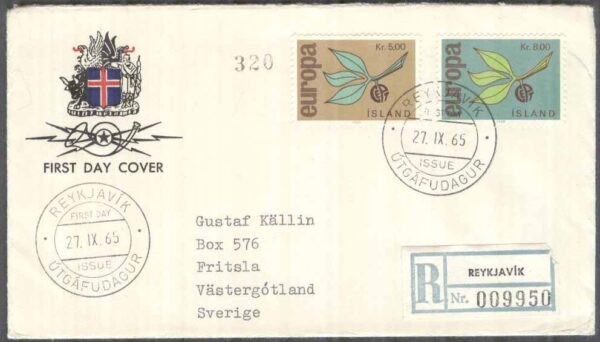 Island - FDC 1965-09-27 - Europa CEPT 1965, 2 kpl Vinjett 1 REK+Adressat
