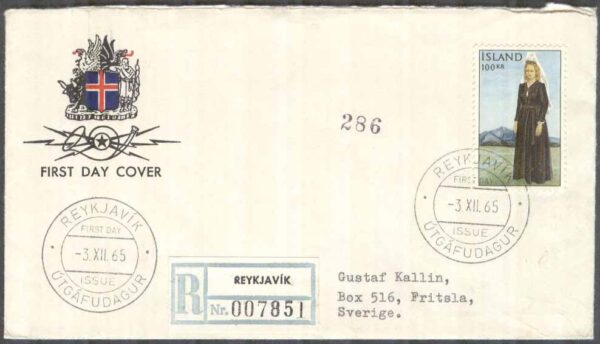 Island - FDC 1965-12-03 - Kvinna i nationaldräkt, 1 kpl Vinjett 1 REK+Adressat
