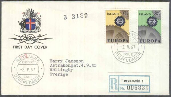 Island - FDC 1967-05-02 - Europa CEPT 1967, 2 kpl Vinjett 1 REK+Adressat
