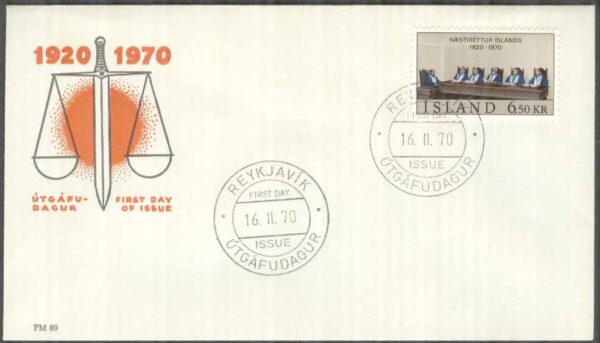 Island - FDC 1970-02-16 - Islands Högsta Domstol 50 år, 1 kpl Vinjett 5