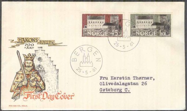 Norge - FDC 1961-05-25 - Håkonshallen i Bergen 700 år, 2 kpl Vinjett 4 Adressat