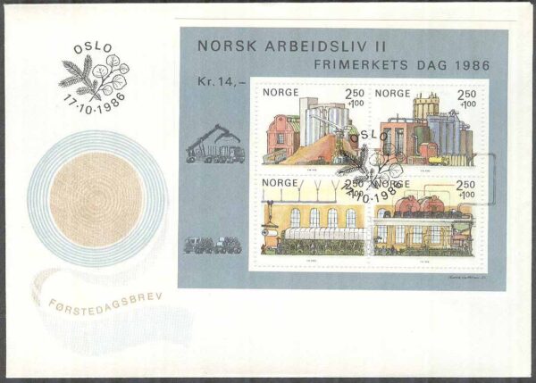 Norge - FDC 1986-10-17 - Norskt arbetsliv II bla Papper, Block Vinjett 1