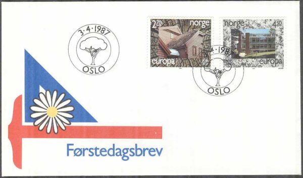Norge - FDC 1987-04-03 - Europa CEPT 1987 Modern arkitektur, 2 kpl Vinjett 1