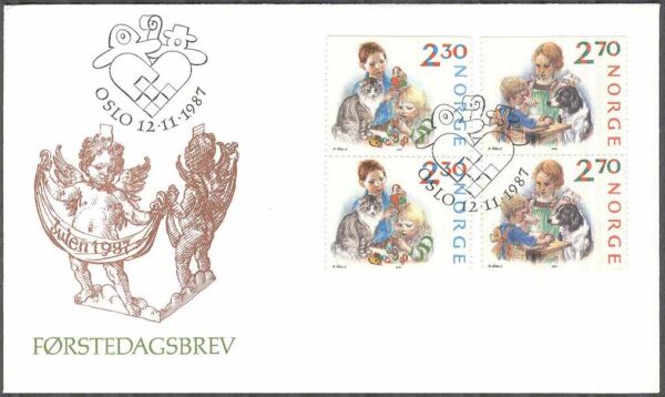 Norge - FDC 1987-11-12 - Julförberedelser - Barn - Hund - Katt, 2 par kpl Vinjett 1