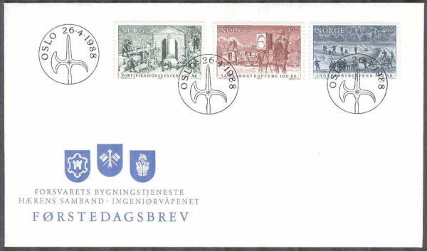 Norge - FDC 1988-04-26 - Militärjubiléer bla Signaltrupperna 100 år, 3 kpl Vinjett 1