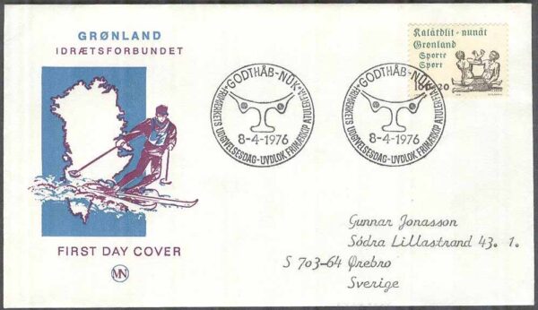 Grönland - FDC 1976-04-08 - Sport - Armkroksdragning, 1 kpl Vinjett 2 Adressat