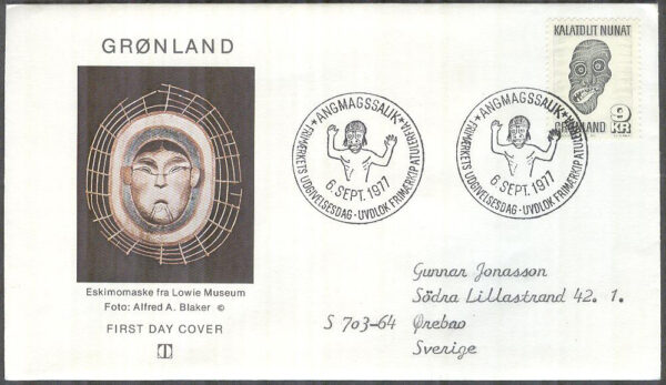 Grönland - FDC 1977-09-06 - Eskimåmask, 1 kpl Vinjett 8 Adressat