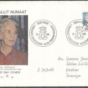 Grönland – FDC 1985-05-21 – Drottning Ingrid, 1 kpl Vinjett 3 Adressat