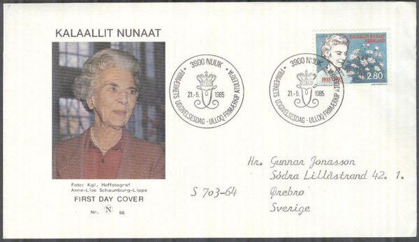 Grönland - FDC 1985-05-21 - Drottning Ingrid, 1 kpl Vinjett 3 Adressat