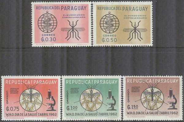 Paraguay - M 1044-1048 Kampen mot Malaria - Myggor - WHO emblem, 5 olika **