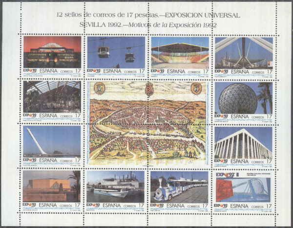 Spanien - M 3036-3047 Världsutställningen EXPO 92 IX Byggnader, Miniark kpl **