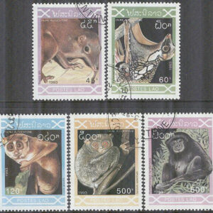 Laos – M 1353-1357 Inhemska Däggdjur bla Spetsekorre & Siamang, 5 kpl stpl