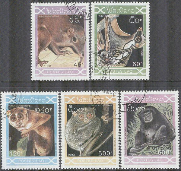 Laos - M 1353-1357 Inhemska Däggdjur bla Spetsekorre & Siamang, 5 kpl stpl