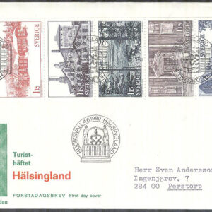 Sverige – FDC 1980-06-04 – Hälsingland, Hel 5-strip kpl Vinjett 1 Adressat